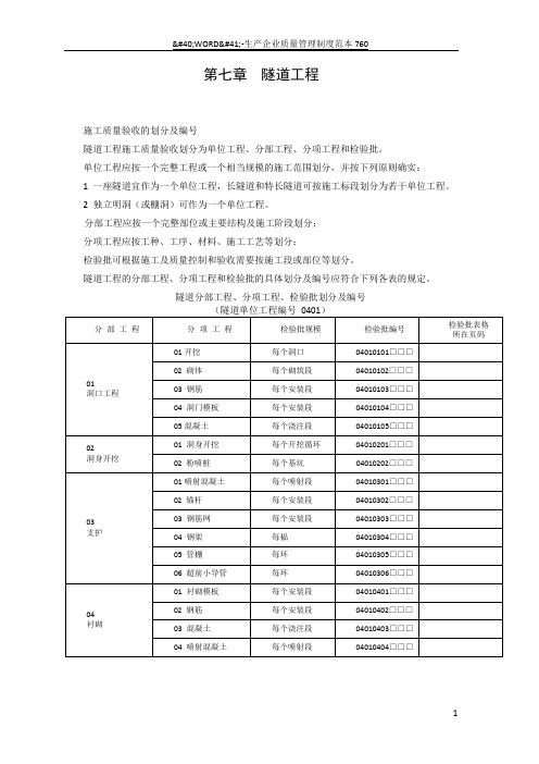 隧道工程分项、分部、单位工程划分表