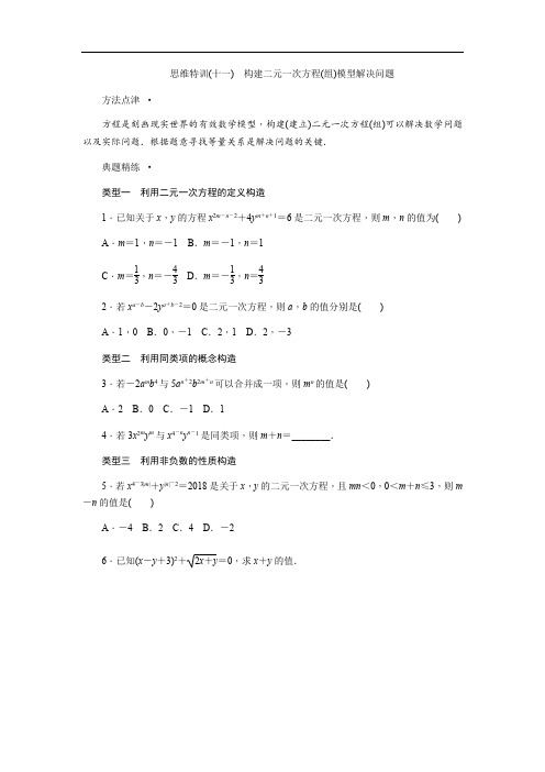 思维特训(十一) 构建二元一次方程(组)模型解决问题