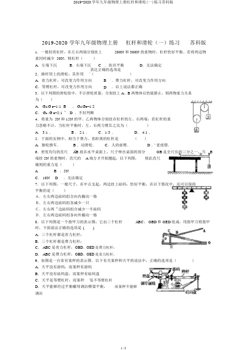 2019-2020学年九年级物理上册杠杆和滑轮(一)练习苏科版