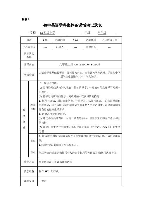 人教版八年级上册unitSection B-2集体备课活动记录表