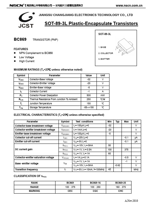 BC869贴片三极管 SOT-89三极管封装BC869参数