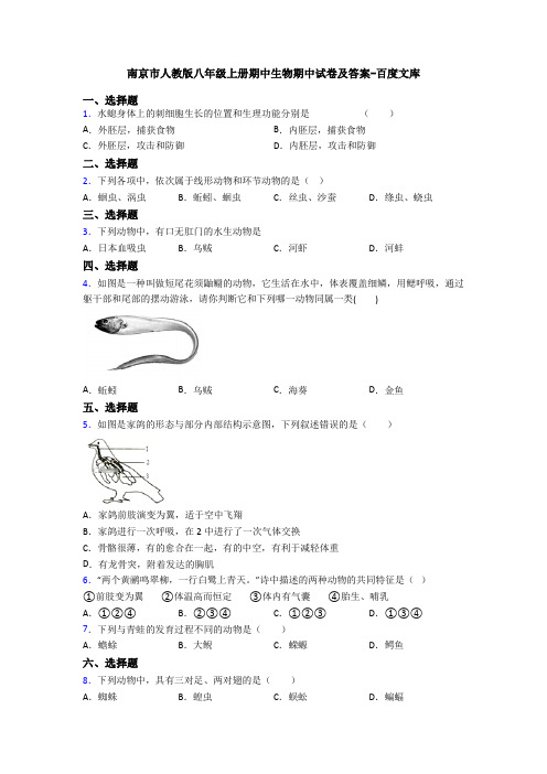 南京市人教版八年级上册期中生物期中试卷及答案-百度文库