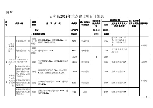 2019年重点建设项目计划及领导责任分工表