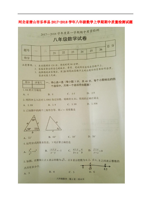 河北省唐山市乐亭县八年级数学上学期期中质量检测试题