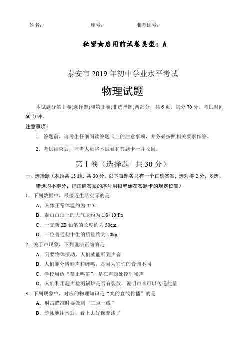 2019年山东泰安中考物理试题及其答案