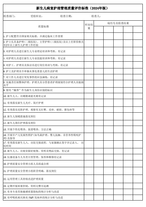 新生儿病室护理管理质量评价标准