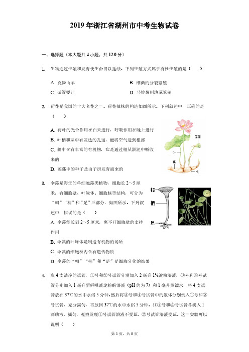 2019年浙江省湖州市中考生物试卷及答案解析