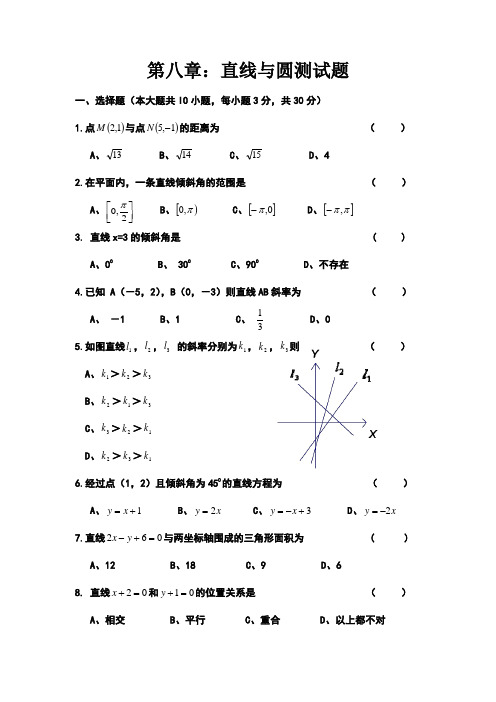 中职数学：第八章直线与圆测试题