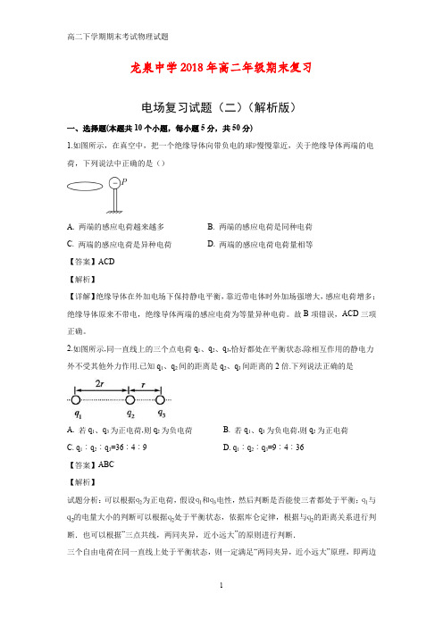 湖北省荆门市龙泉中学2018年高二期末复习《电场》复习(二)物理试题(答案+解析)