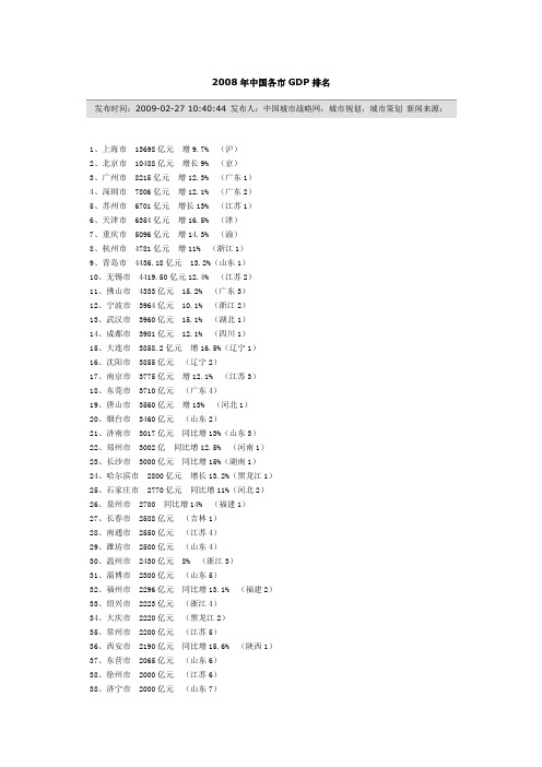 2008年中国各市GDP排名