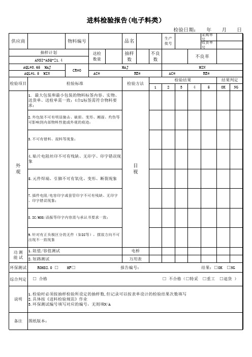 电子料进料检验记录表