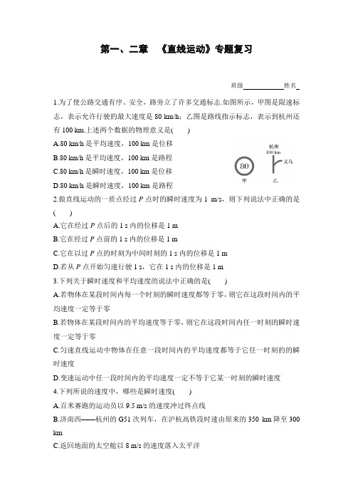 人教版高中物理必修一 第一、二章  《直线运动》专题复习含答案