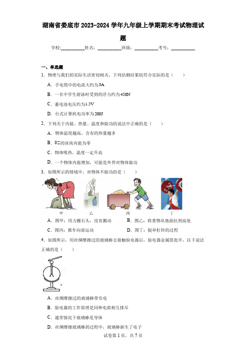 湖南省娄底市2023-2024学年九年级上学期期末考试物理试题