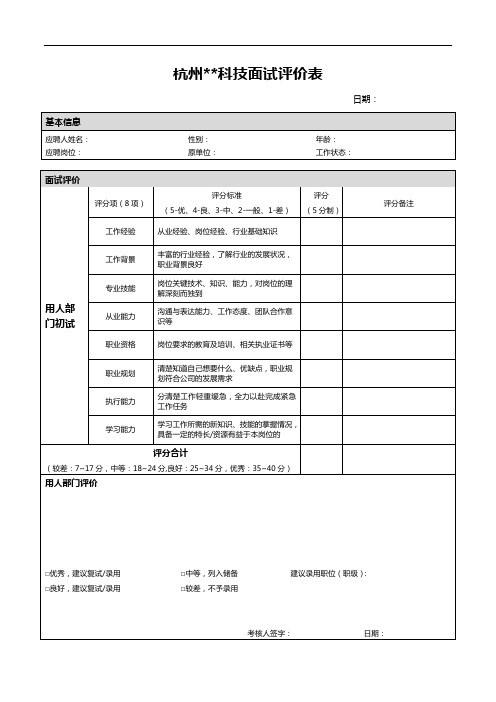 人事面试评价表模板