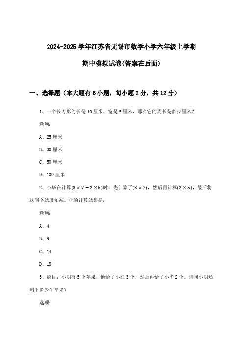 江苏省无锡市数学小学六年级上学期期中试卷及解答参考(2024-2025学年)