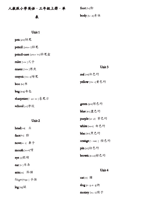 人教版PEP小学英语三年级·单词表(带有音标)【精品】