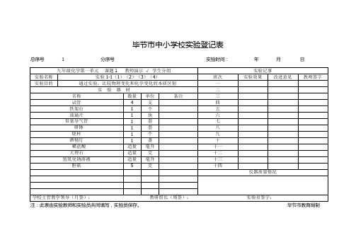 九年级化学第一学期实验登记表 