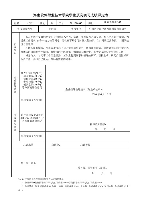 海南软件职业技术学院学生顶岗实习成绩评定表