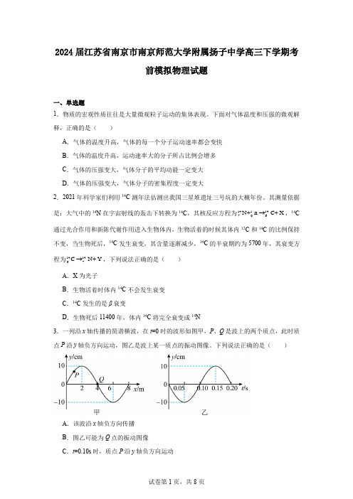 2024届江苏省南京市南京师范大学附属扬子中学高三下学期考前模拟物理试题