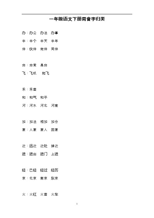 2020—2021年部编本一年级语文下册同音字归类(专项资料)