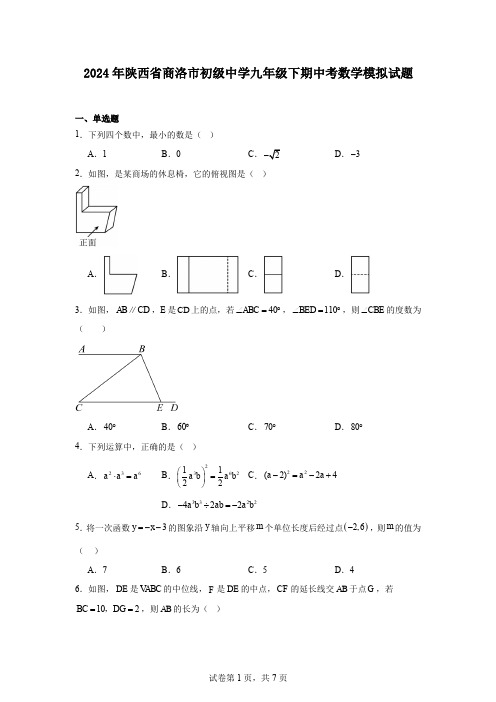 2024年陕西省商洛市初级中学九年级下期中考数学模拟试题