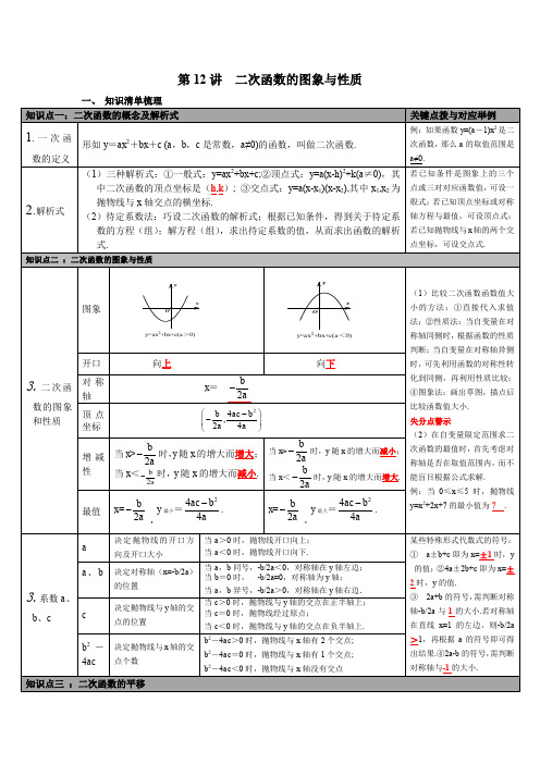 北师大版九年级数学下册 第12讲 二次函数的图象与性质 知识点梳理