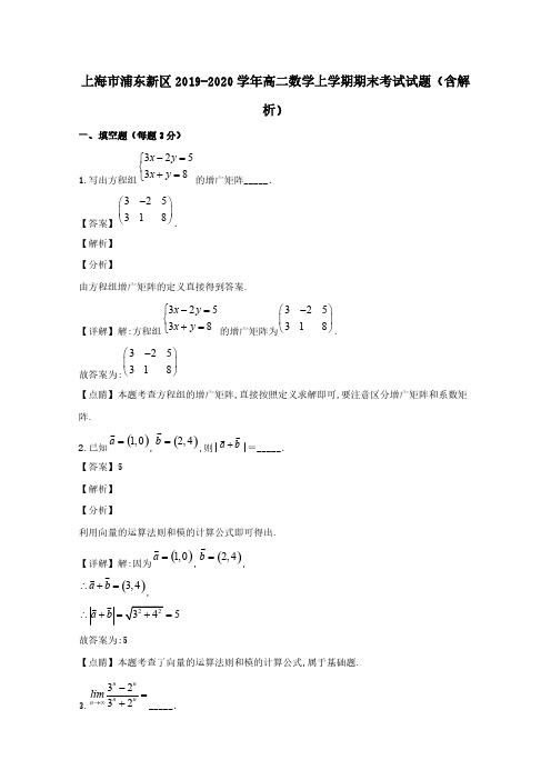 上海市浦东新区2019-2020学年高二数学上学期期末考试试题 (含解析)