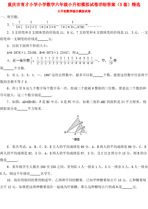 重庆市育才小学小学数学六年级小升初模拟试卷详细答案(5套)精选