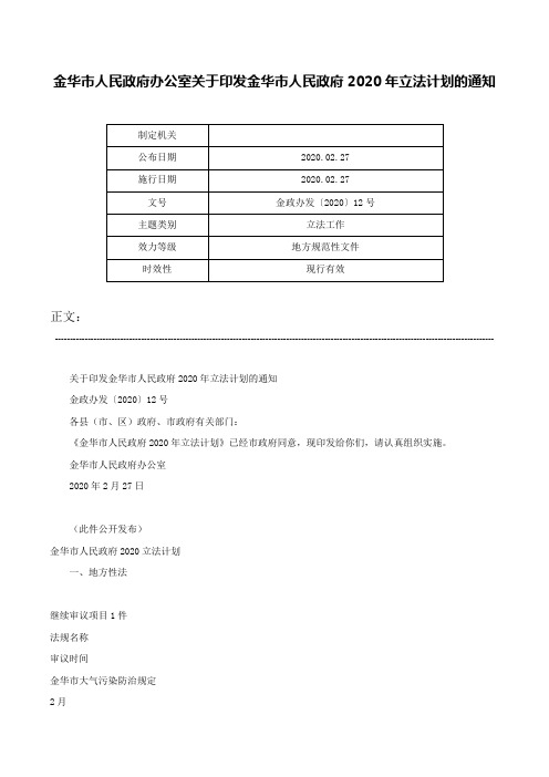 金华市人民政府办公室关于印发金华市人民政府2020年立法计划的通知-金政办发〔2020〕12号