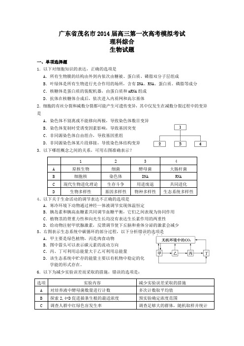 广东省茂名市2014届高三第一次高考模拟考试理综试题-WORD版