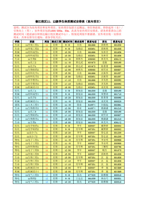 椒江校区11、12级学生体质测试安排表(室内项目)