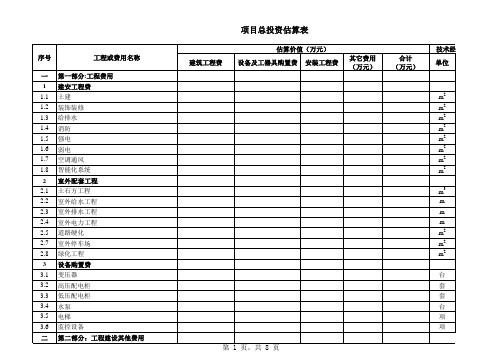 标准投资估算表  2