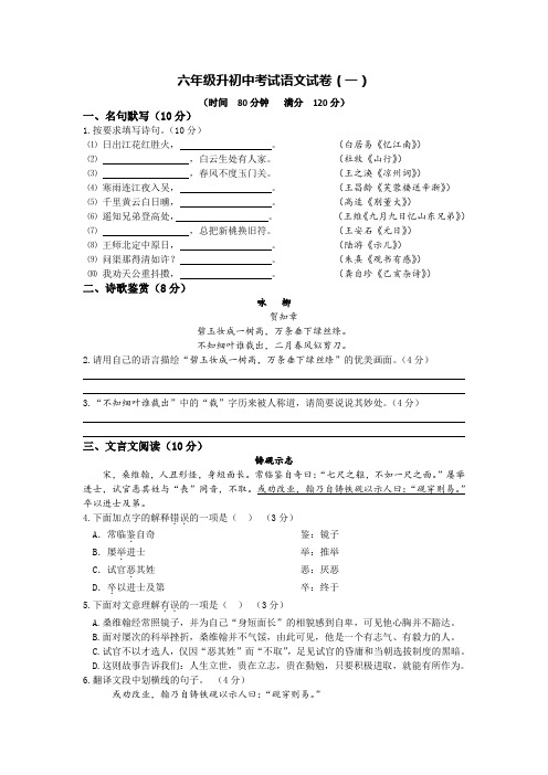 六年级升初中考试语文试卷(一)