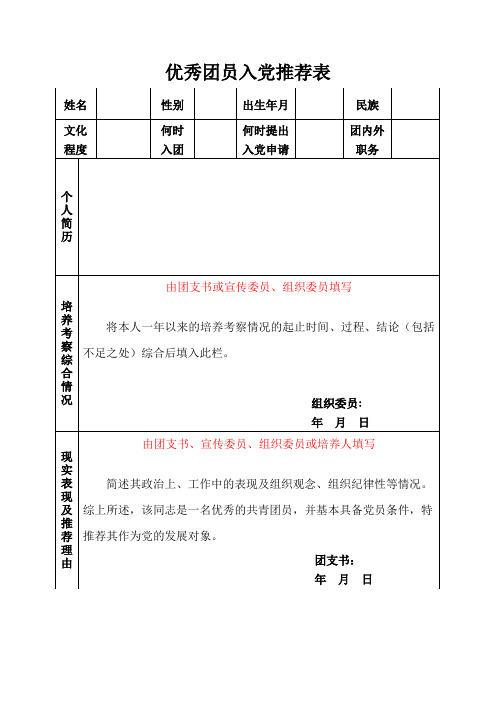 优秀团员入党推荐表模板