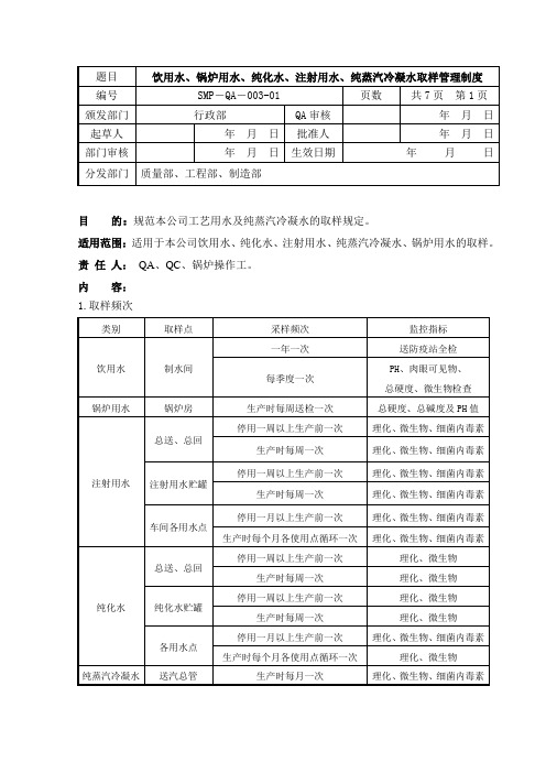 饮用水、锅炉用水、纯化水、注射用水、纯蒸汽冷凝水取样管理制度(更新)