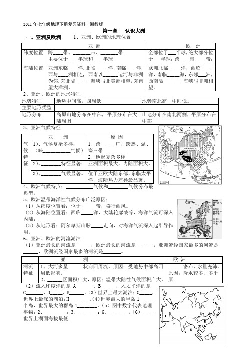 湘教版初一地理复习提纲