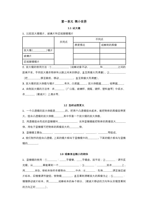 六年级上册教科版科学第一单元 微小世界 (知识填空)