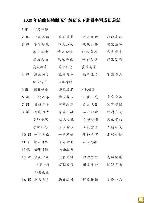 2020年统编部编版五年级语文下册四字词成语总结