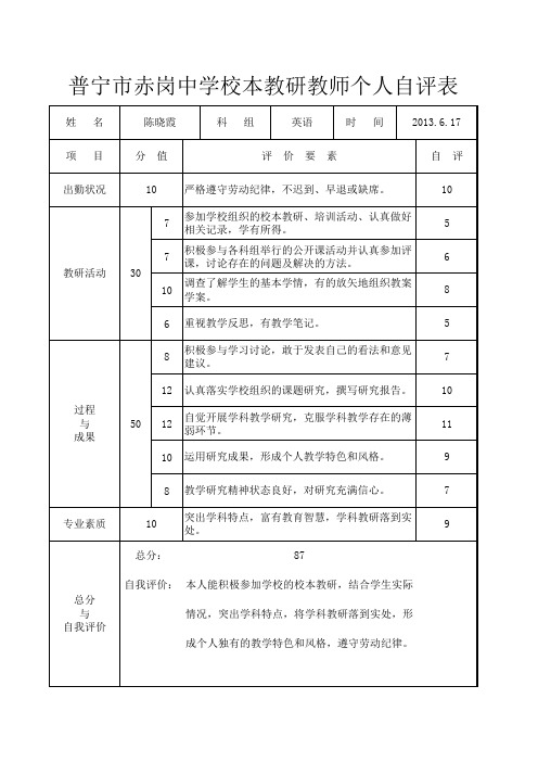 校本教研教师个人自评表2