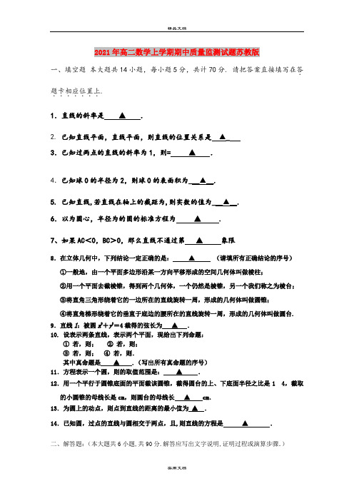 2021年高二数学上学期期中质量监测试题苏教版
