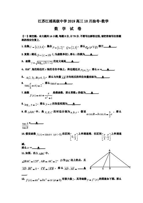 江苏江浦高级中学2019高三10月抽考-数学