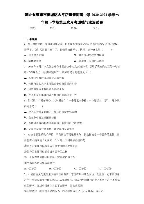 七年级下学期第三次月考道德与法治试卷