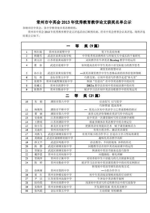 常州市中英会2013年优秀教育教学论文获奖名单公示