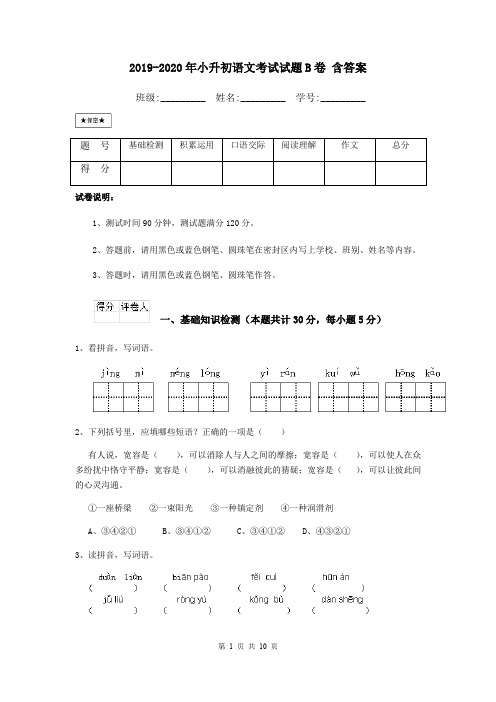 2019-2020年小升初语文考试试题B卷 含答案