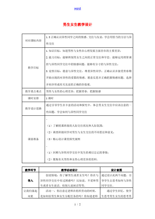 八年级政治上册 第3课 第二框 男生女生教学设计 人教新课标