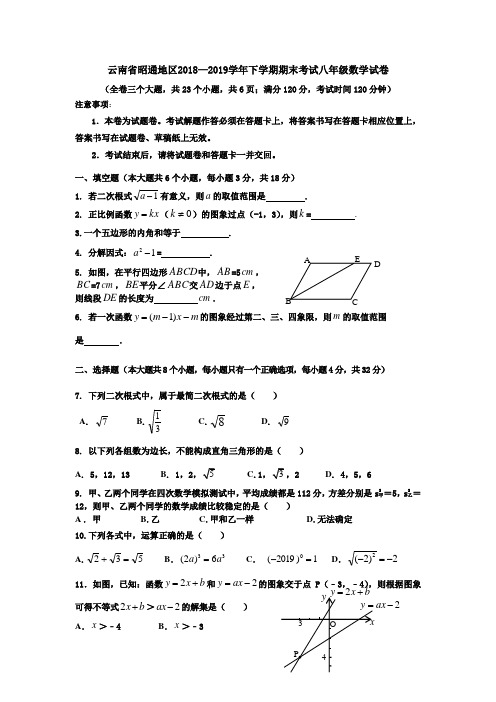 云南省昭通地区2018—2019学年下学期期末考试八年级数学试卷