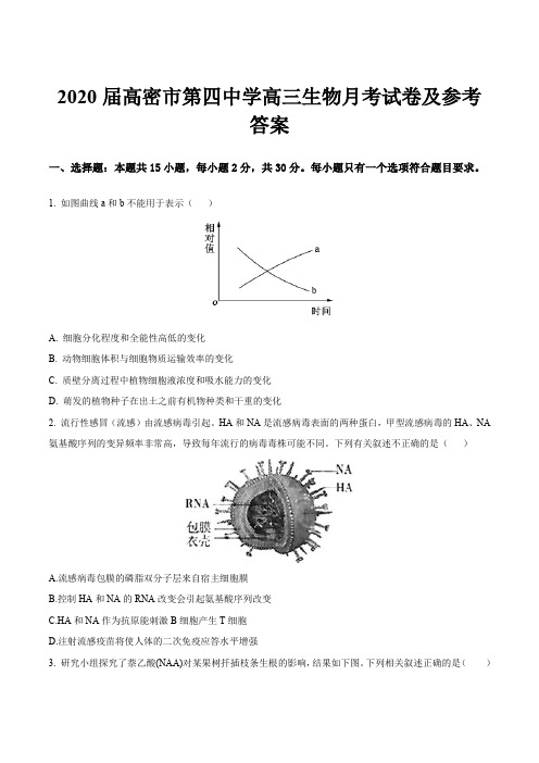 2020届高密市第四中学高三生物月考试卷及参考答案