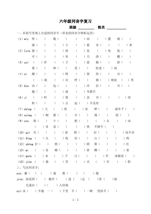 六年级同音字复习