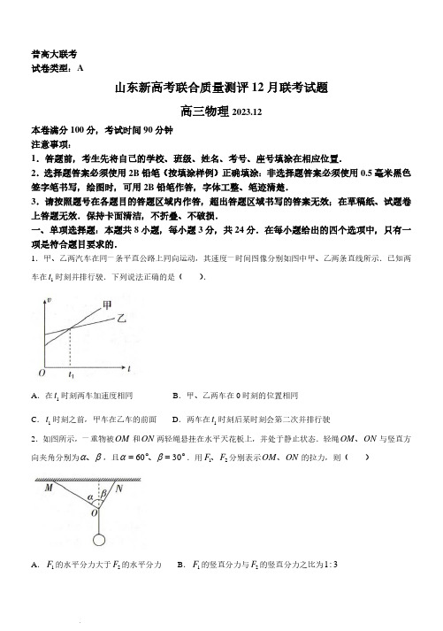 山东2024届高三上学期新高考联合质量测评12月联考物理试题(含答案)