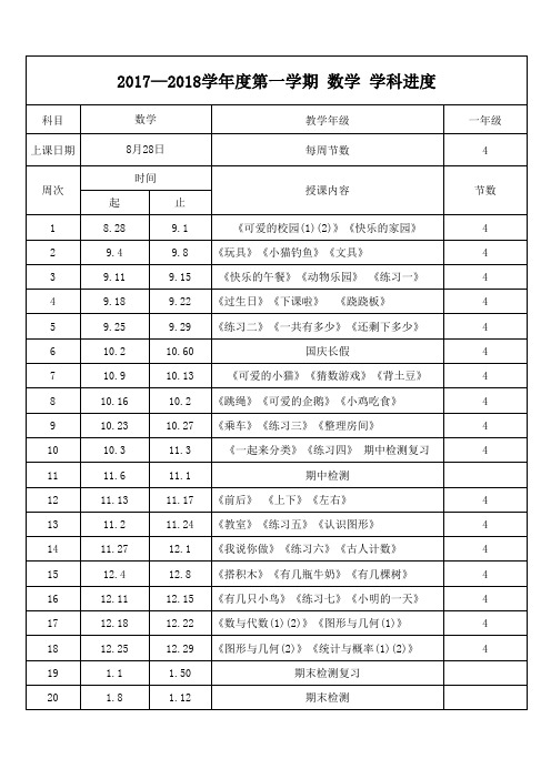 一年级数学上册教学进度表